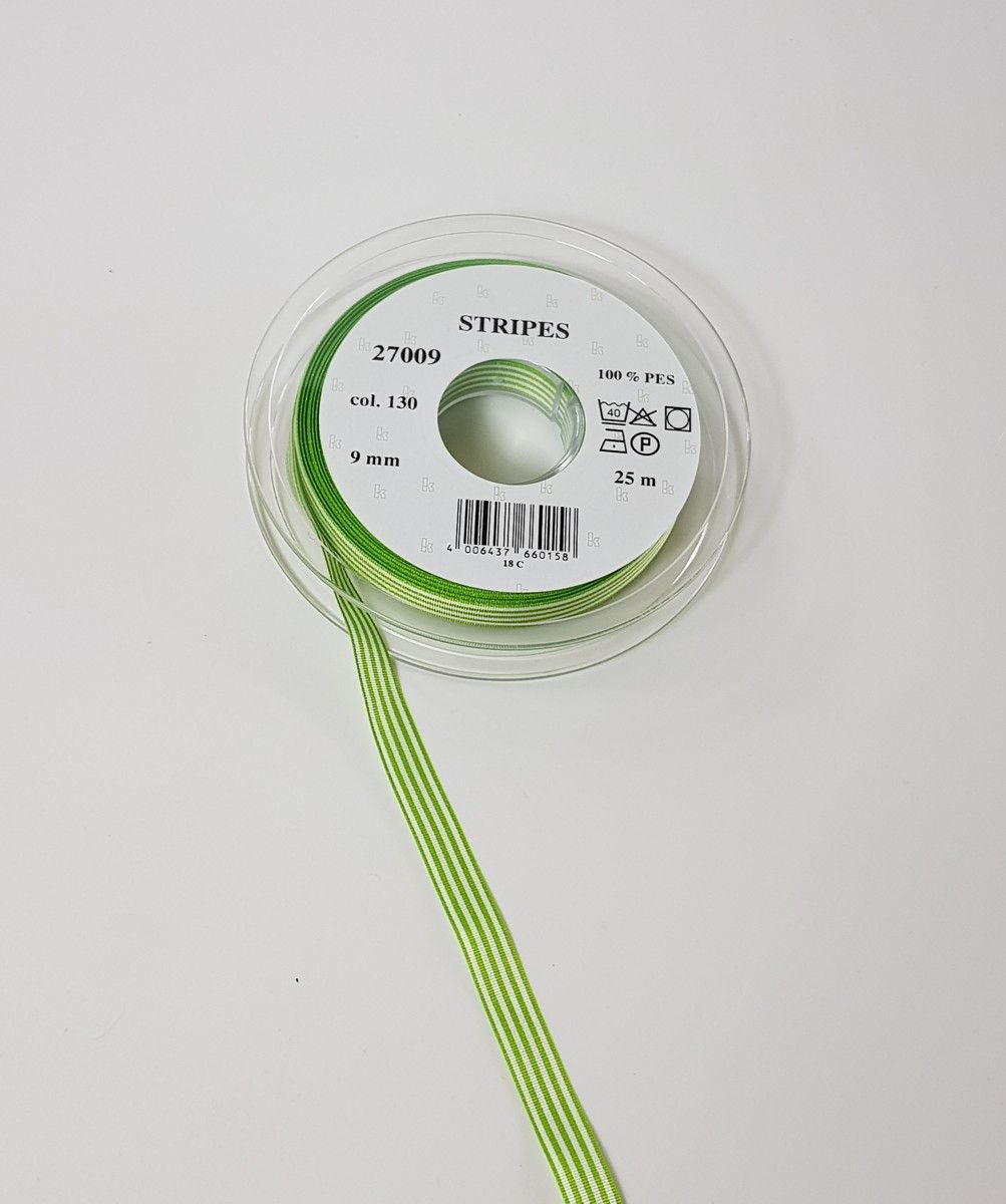 Taffeta ribbon stripes; 100% PES  col. 130 spring green white striped Taffeta ribbon stripes; 100% PES  col. 130 spring green white striped