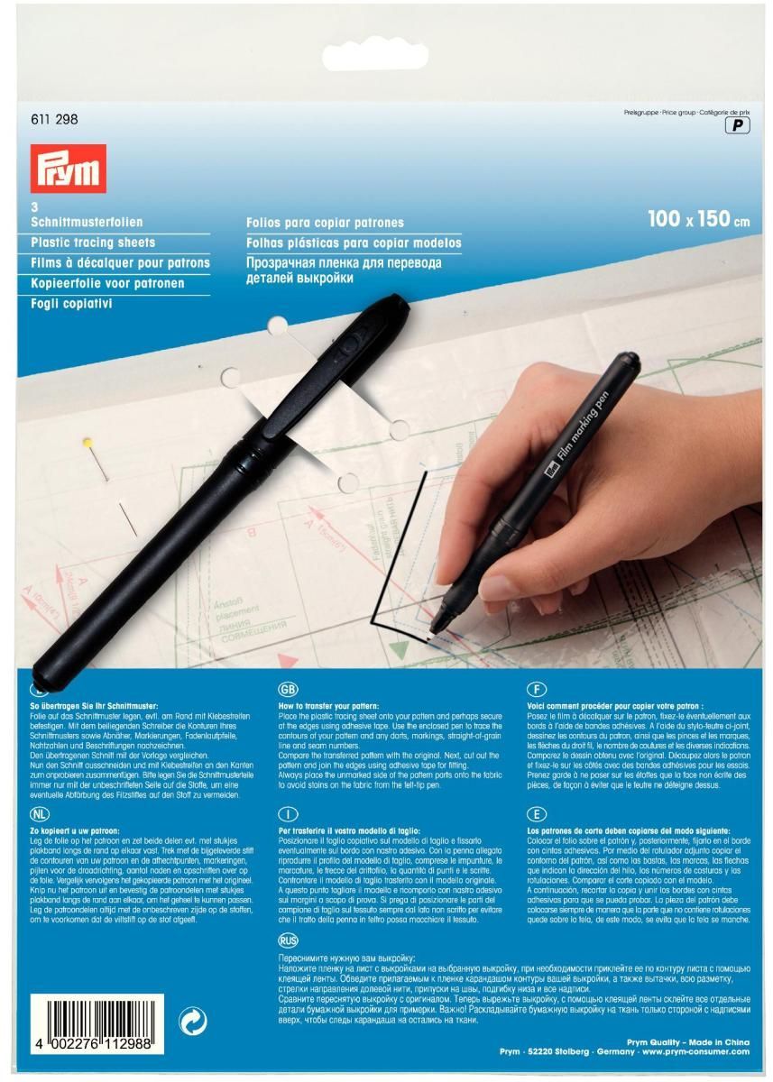 Prym Consumer Europe GmbH-Schnittmusterfolien mit Stift 1 x 1,5 m, Inhalt 3 Stück_365-611298_