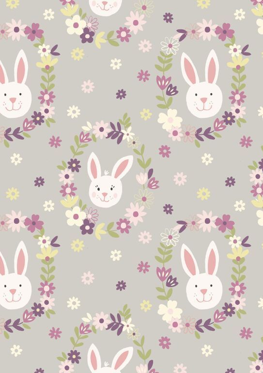Lewis & Irene Bunny Garden Bunny Wreath On Light Grey 10 m Ballen, 112 cm breit, 100% Baumwolle