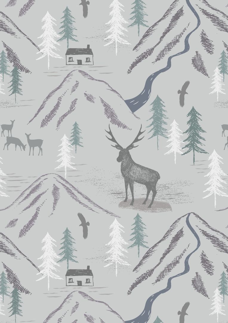 Lewis & Irene The Glen Royal Stag on Light Grey 10 m Ballen, 112 cm breit, 100% Baumwolle