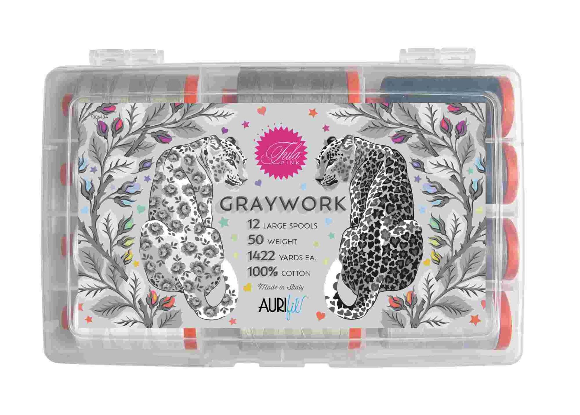 AURIfil Graywork by Tula Pink Stärke 50, 12 Farben auf 1300m-Spulen