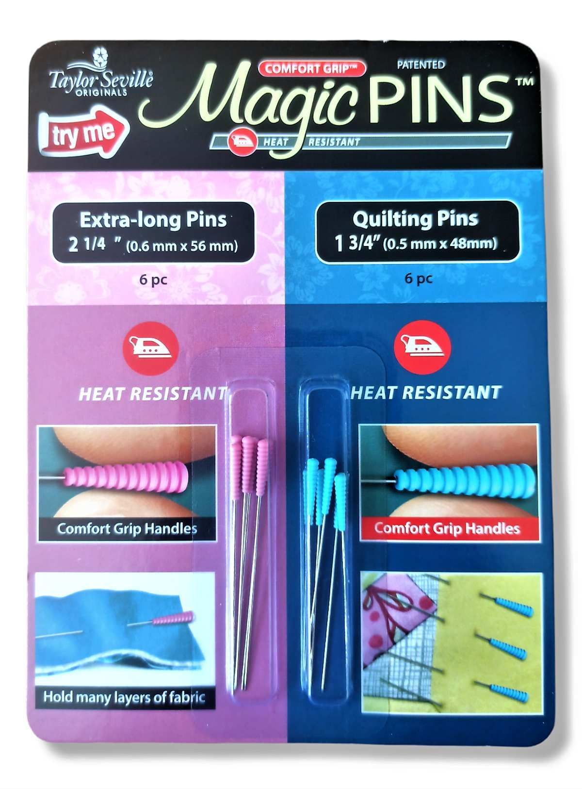 Taylor Seville Magic Pins Sample card 6x Quilting Pins, 6 x Extralong Pins