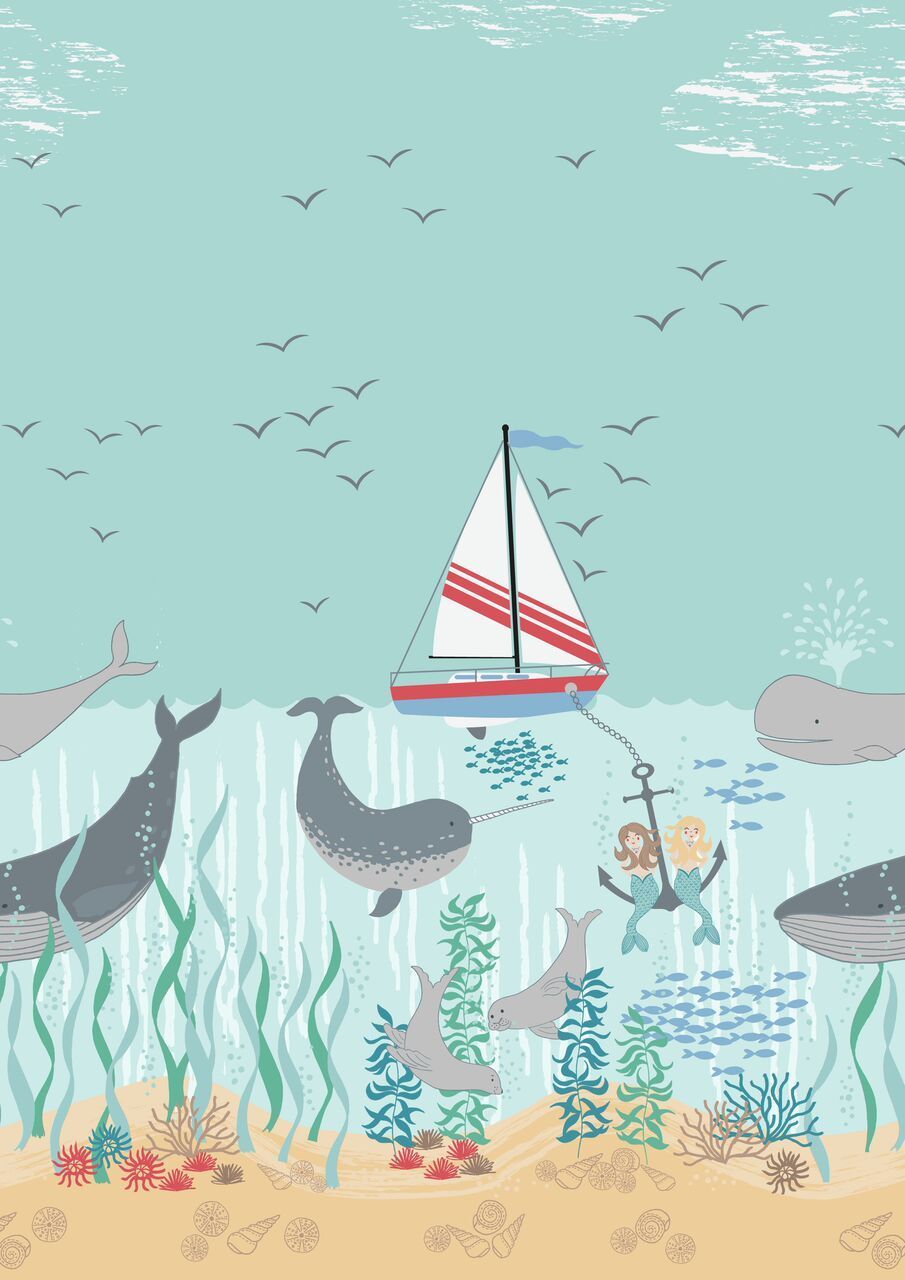 Lewis & Irene Tales Of The Sea Double Border On Light Blue 10 m Ballen, 112 cm breit, 100% Baumwolle