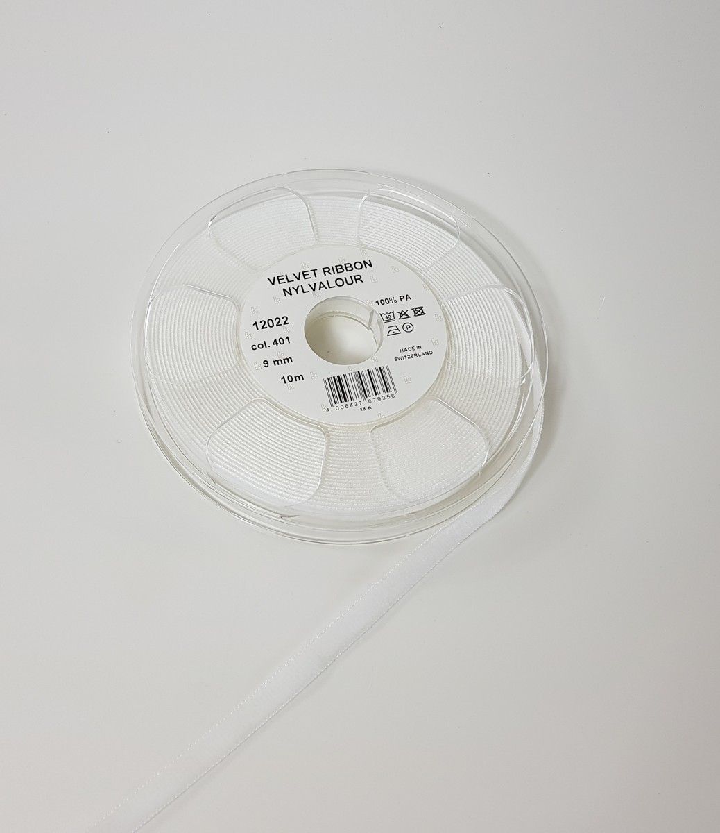 Seidenbandweberei-Nylvalour Samtband 9 mm , Fb. 401 weiss_55-12022401_