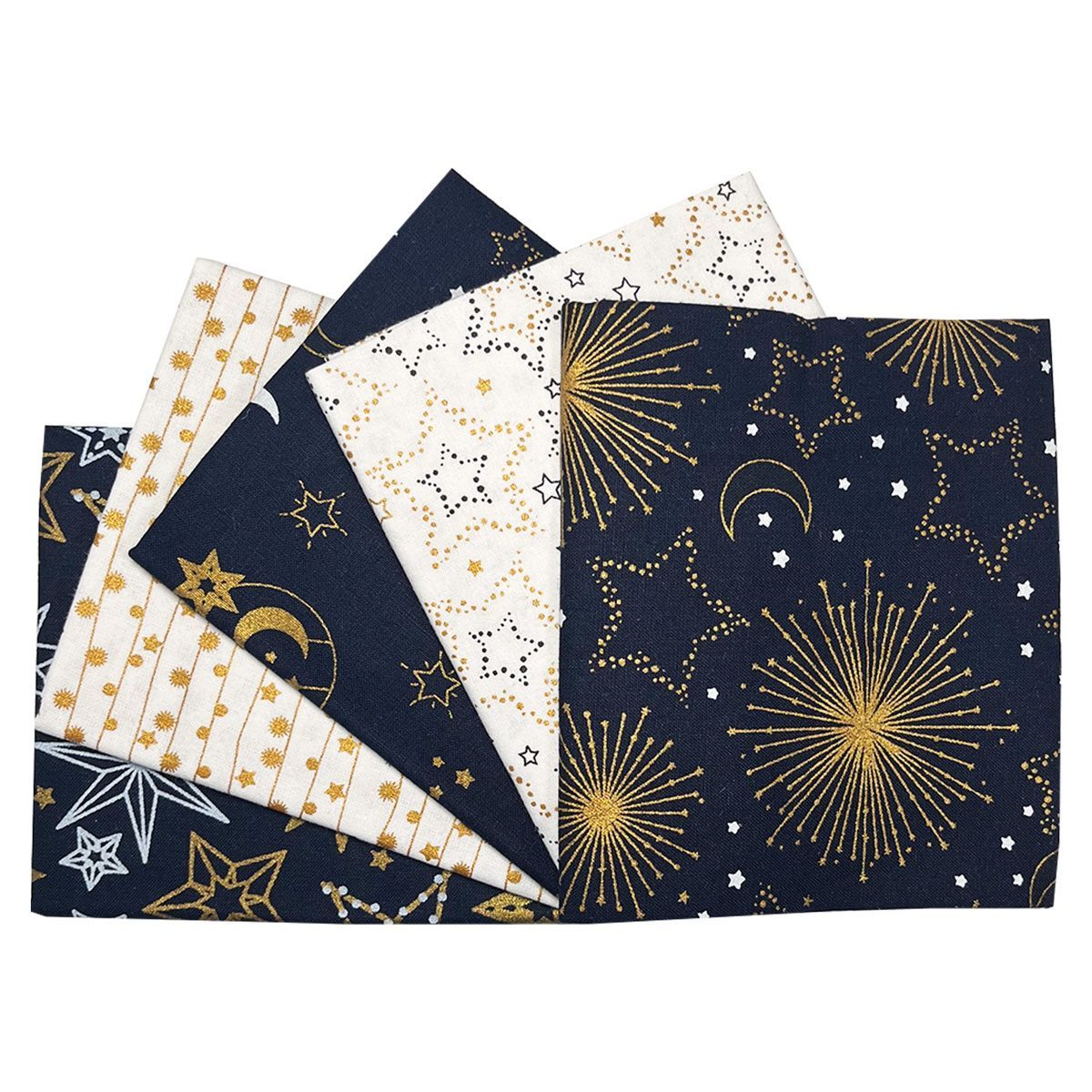 Fat Quarter Metallic Starry Nights 100% cotton, 5pcs each 18 x 22 inch(45x55cm)