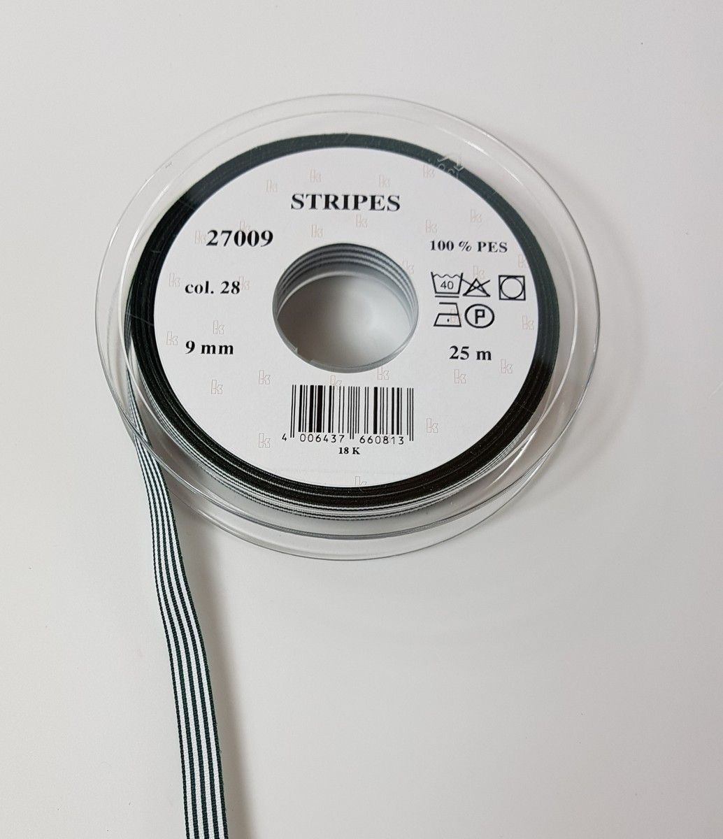 Taffeta ribbon stripes; 100% PES  col. 28 dark green white striped Taffeta ribbon stripes; 100% PES  col. 28 dark green white striped