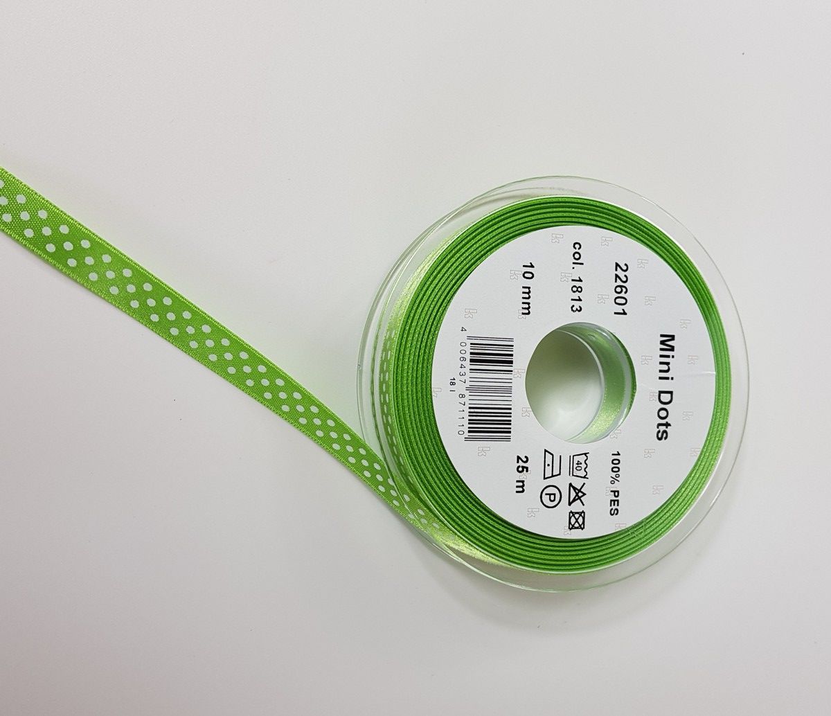 Satinband Mini Dots; 100% PES Fb. 1813 spring green weiss gepunktet