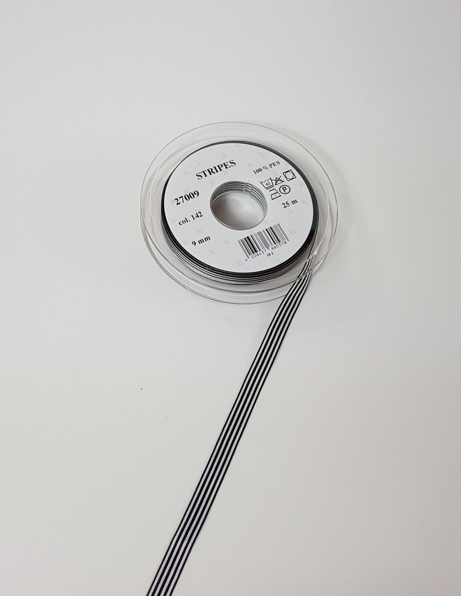 Taffeta ribbon stripes; 100% PES  col. 725 noir white striped Taffeta ribbon stripes; 100% PES  col. 725 noir white striped