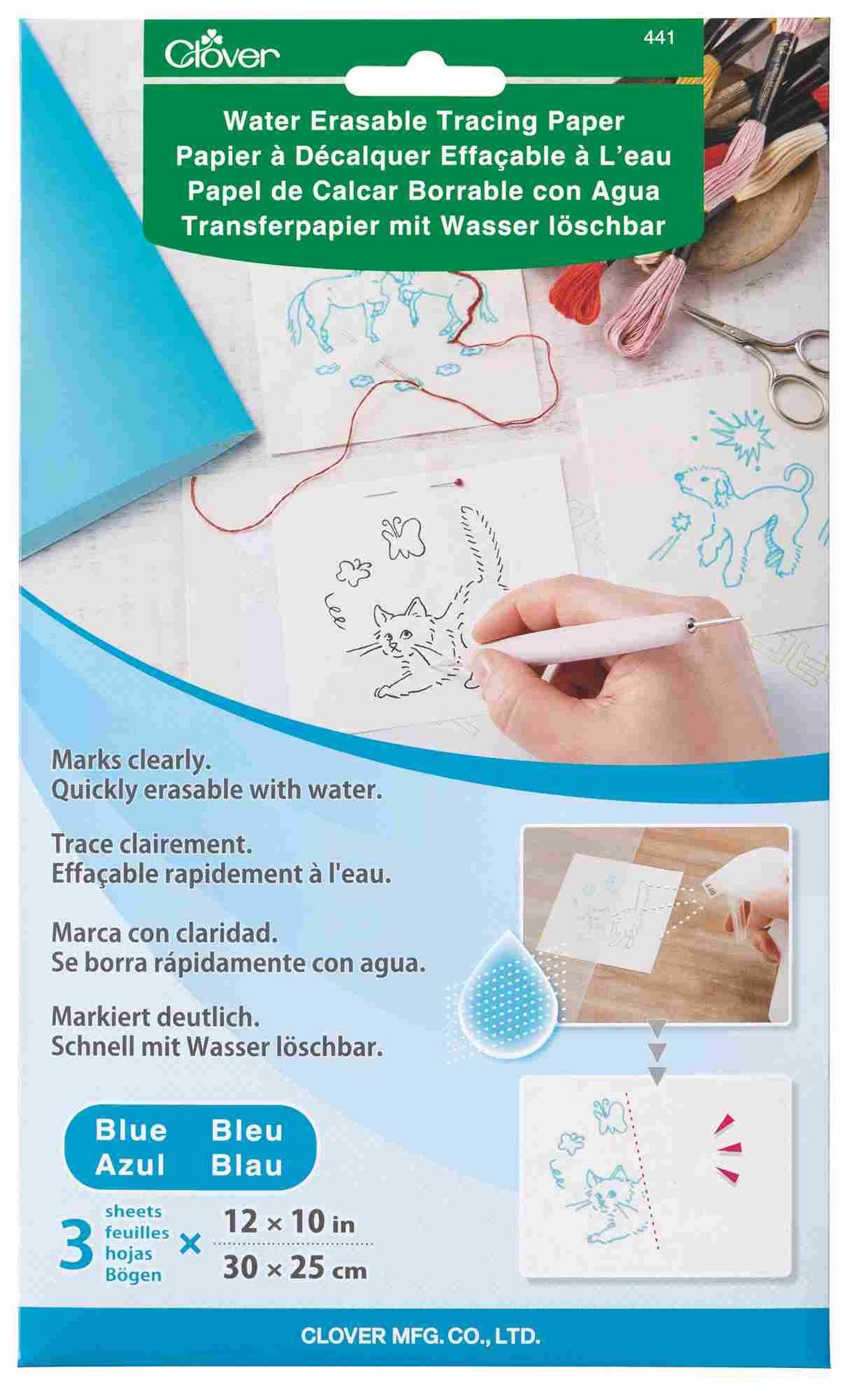 Clover MFG Co.Ltd.-Pauspapier wasserlöslich, blau, Inhalt 3 Bögen_24-441_