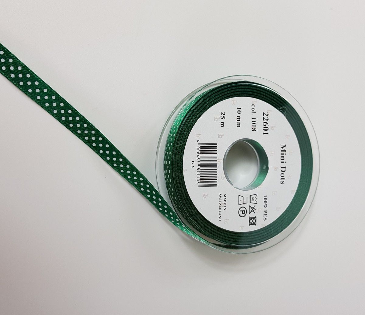 Satin ribbon Mini Dots; 100% PES  col. 1018 emerald white dotted Satin ribbon Mini Dots; 100% PES  col. 1018 emerald white dotted