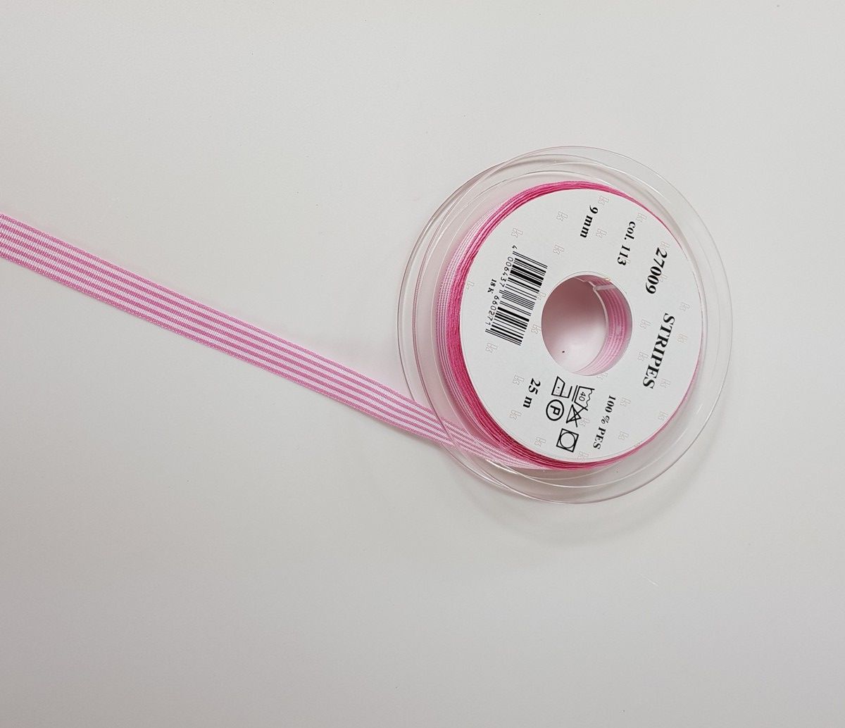 Taffeta ribbon stripes; 100% PES  col. 113 rose white striped Taffeta ribbon stripes; 100% PES  col. 113 rose white striped