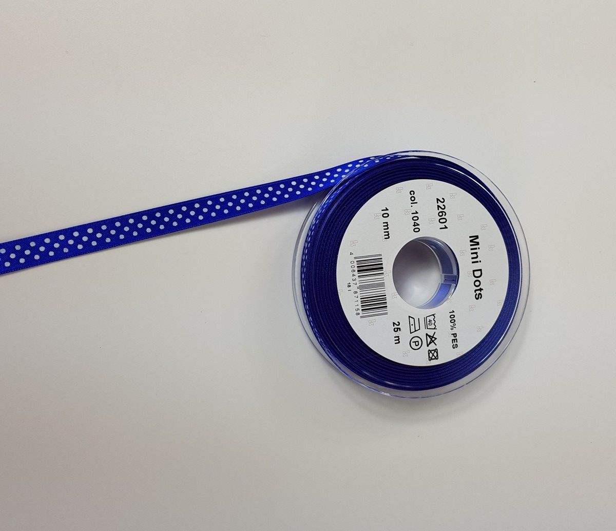 Satinband Mini Dots; 100% PES Fb. 1040 royal weiss gepunktet