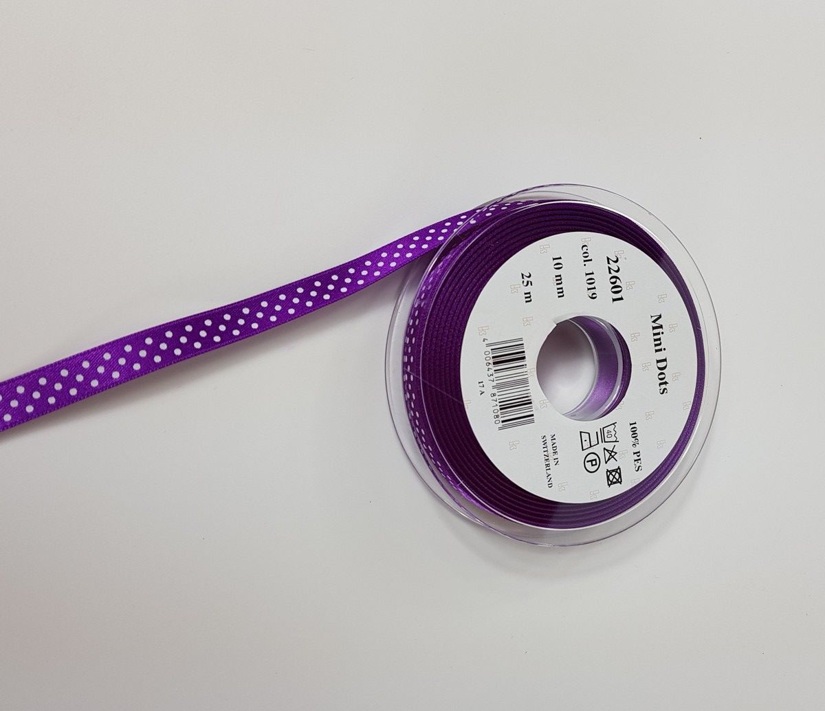 Satin ribbon Mini Dots; 100% PES  col. 1019 purple white dotted