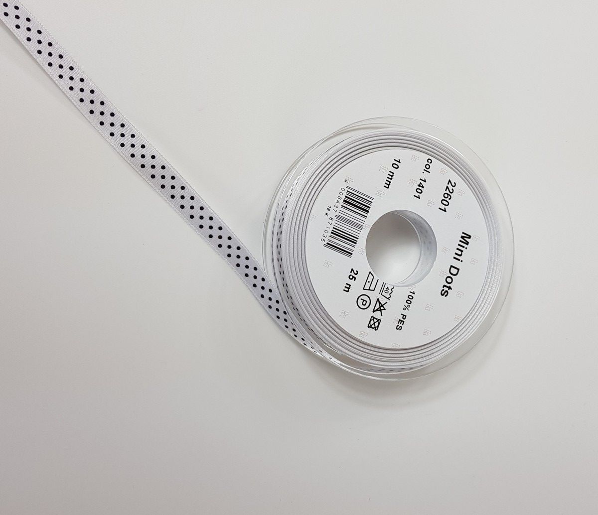 Satinband Mini Dots; 100% PES Fb. 1401 blanc schwarz gepunktet