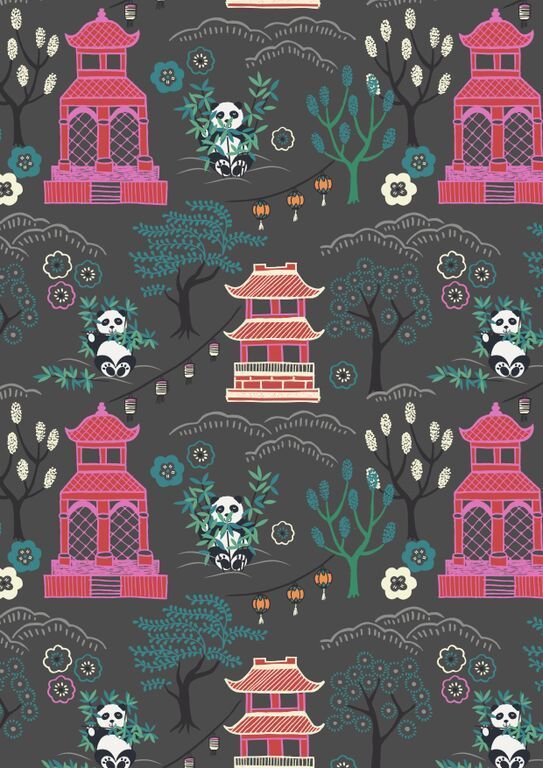 Lewis & Irene Minshan Panda Temple On Dark Grey 112 cm breit, 100% Baumwolle