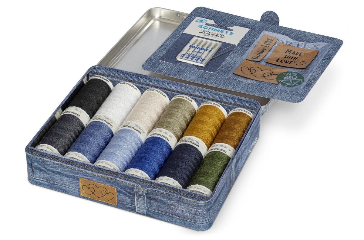 Gütermann Denim-Box mit Jeans-Nadeln, 100% Polyester 12 Farben, Nähmaschinen-Nadeln + Label Gütermann Denim-Box mit Jeans-Nadeln, 100% Polyester 12 Farben, Nähmaschinen-Nadeln + Label