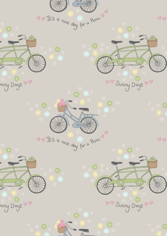 Lewis & Irene Picnic In The Park Bicycles On Grey 10 m Ballen, 112 cm breit, 100% Baumwolle