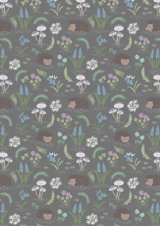 Lewis & Irene Bluebell Wood Hedgehog On Grey 112 cm wide, 100% Cotton