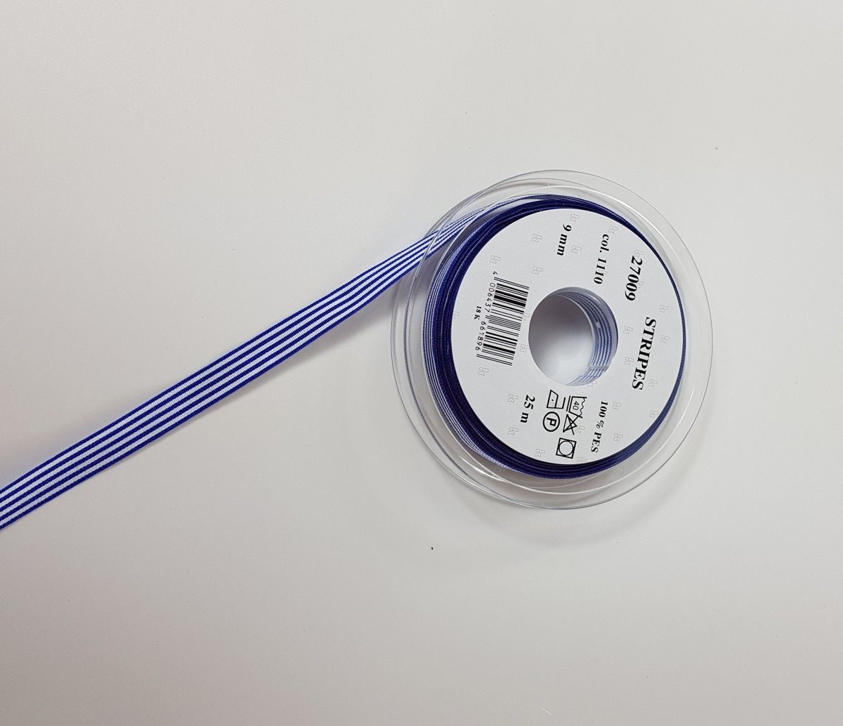 Taffeta ribbon stripes; 100% PES  col. 1110 deep blue white striped Taffeta ribbon stripes; 100% PES  col. 1110 deep blue white striped