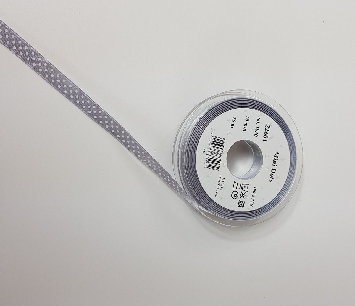 Satin ribbon Mini Dots; 100% PES  col. 1030 silver white dotted Satin ribbon Mini Dots; 100% PES  col. 1030 silver white dotted