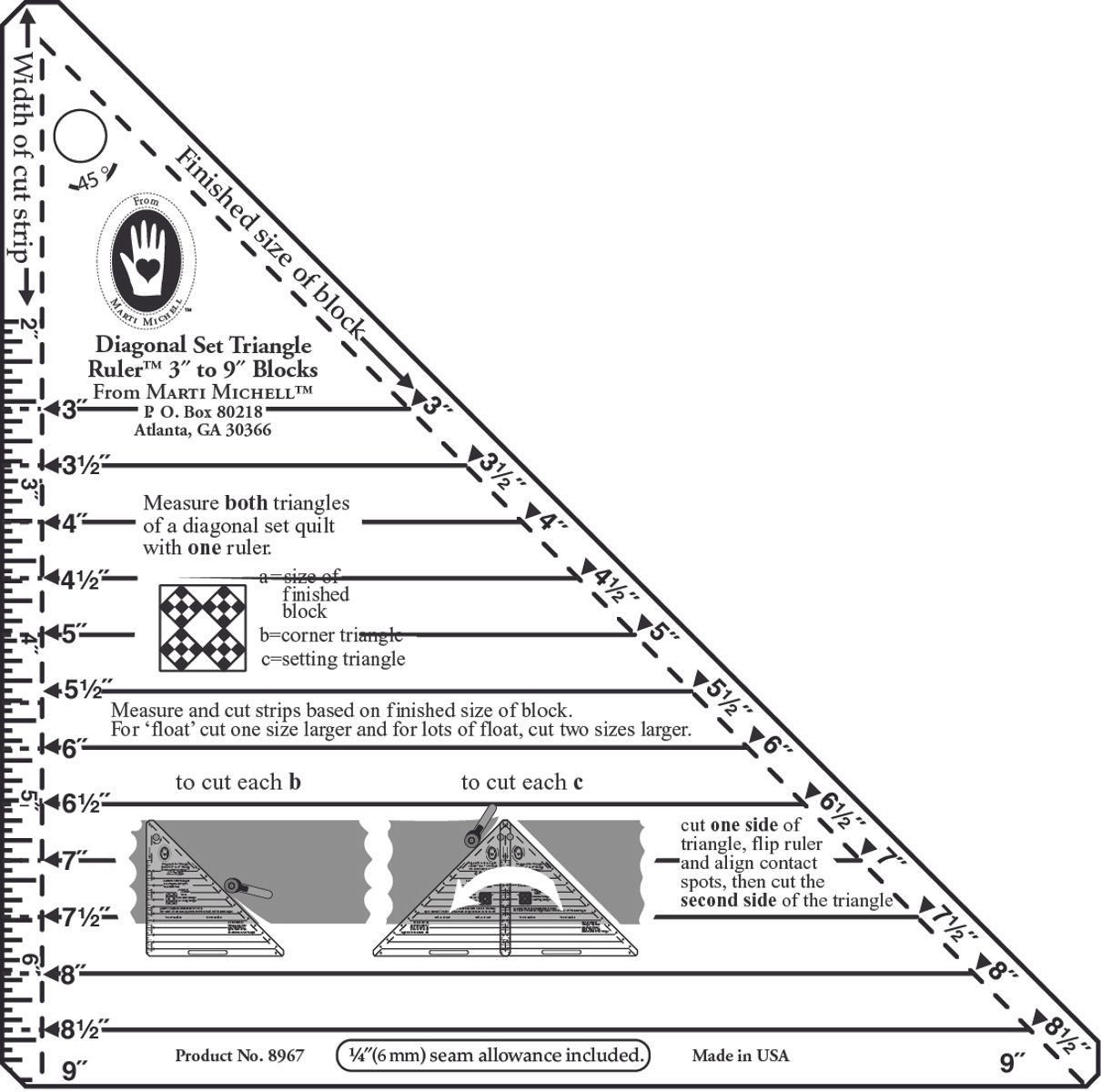 Marti Michell Small Diagonal Set Triangle-Ruler for 3 - 9 inch-blocks