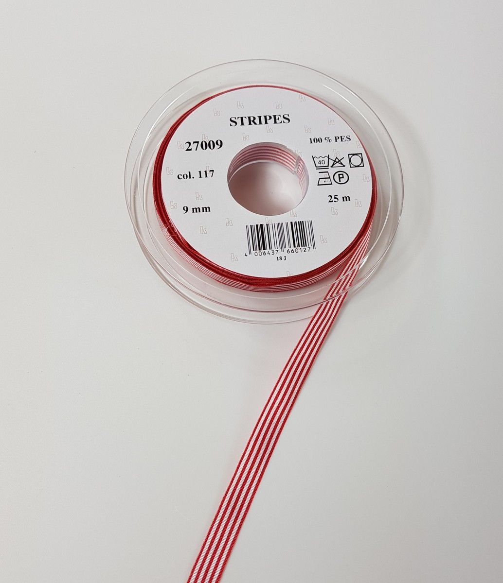 Taffeta ribbon stripes; 100% PES  col. 117 true red white striped Taffeta ribbon stripes; 100% PES  col. 117 true red white striped
