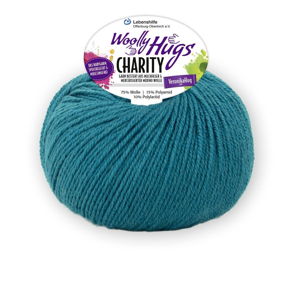 Woolly Hugs Charity, 50g/100m, 75% Wolle (Merino),  15% Polyamid, 10% Polylactid