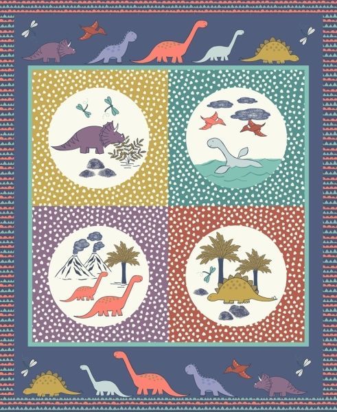 Lewis & Irene Jurassic Coast Blue Dino Panel 10m bolt, 112 cm wide, 100% Cotton