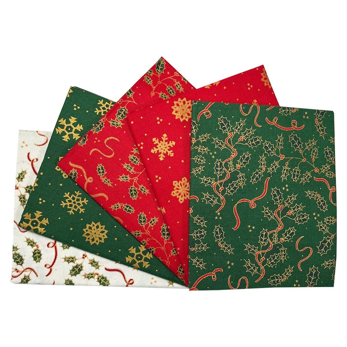 Fat Quarter Metallic Holly 100% cotton, 5pcs each 18 x 22 inch(45x55cm)